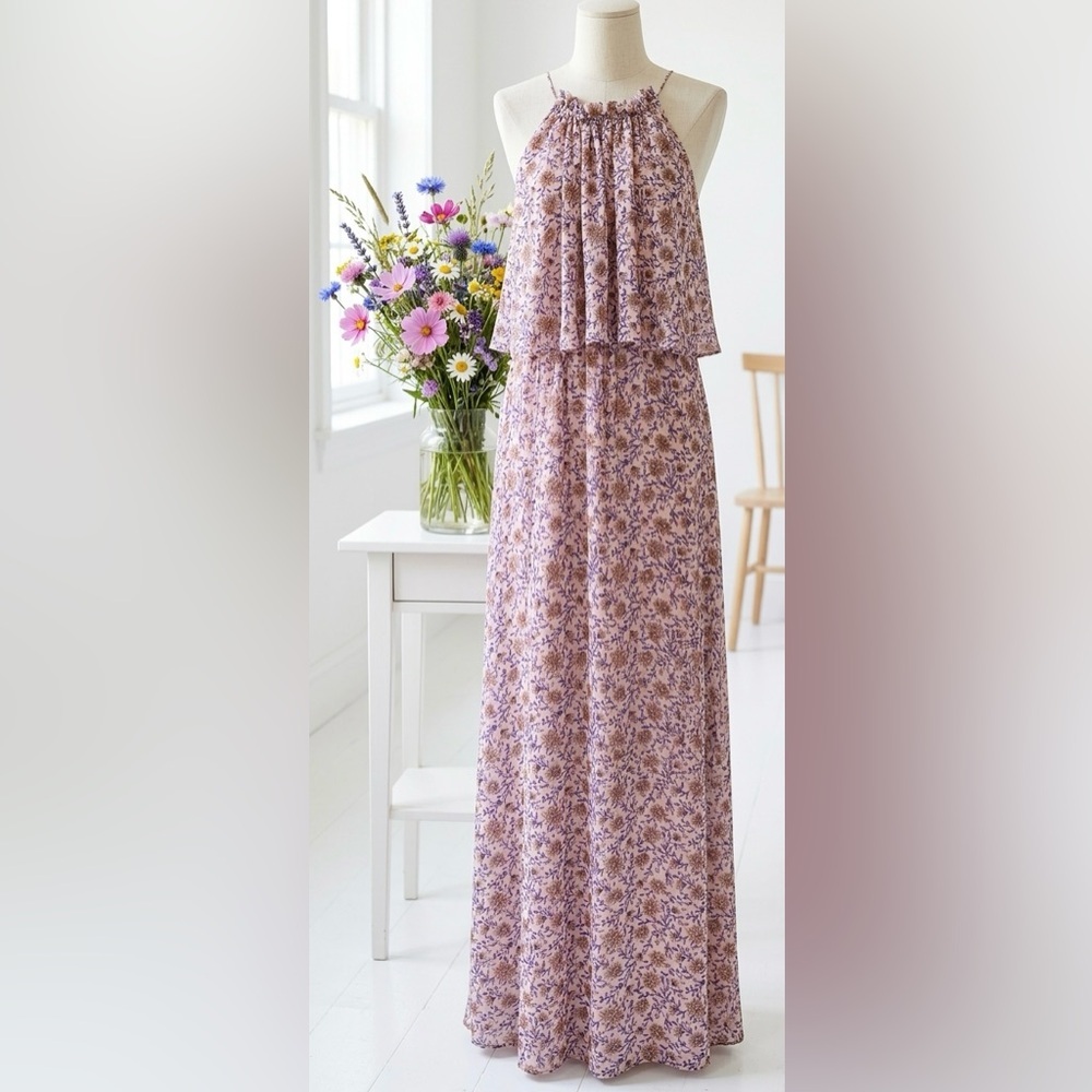 H&M| Feminine Light Lavender & Beige Floral Flounced Halter Maxi Dress Sz 4